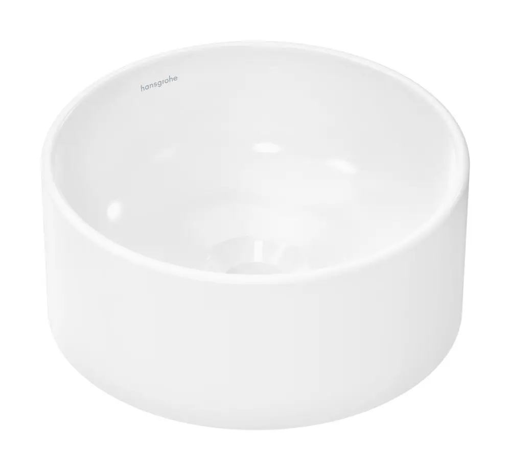 Runder Waschtisch in Weiß von Hansgrohe, ohne Hahnloch und Überlauf, mit glatter Oberfläche und umlaufender Kante. Ideal für moderne Badezimmer.